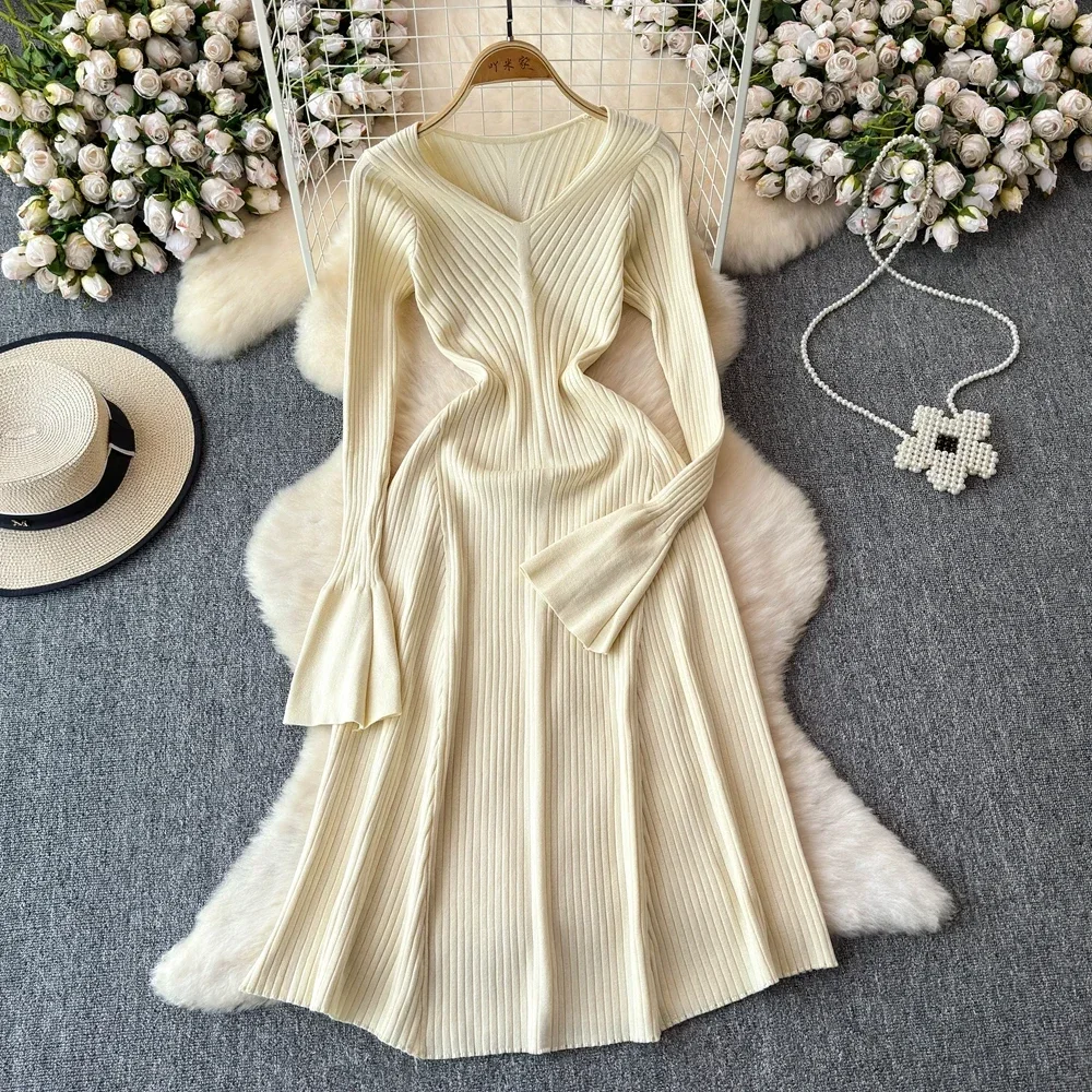 Elegant Knitted Long Dress Women Flare Sleelve V Neck Ruffles Solid Bodycon Dresses Party Fashion Office Lady Vestidos