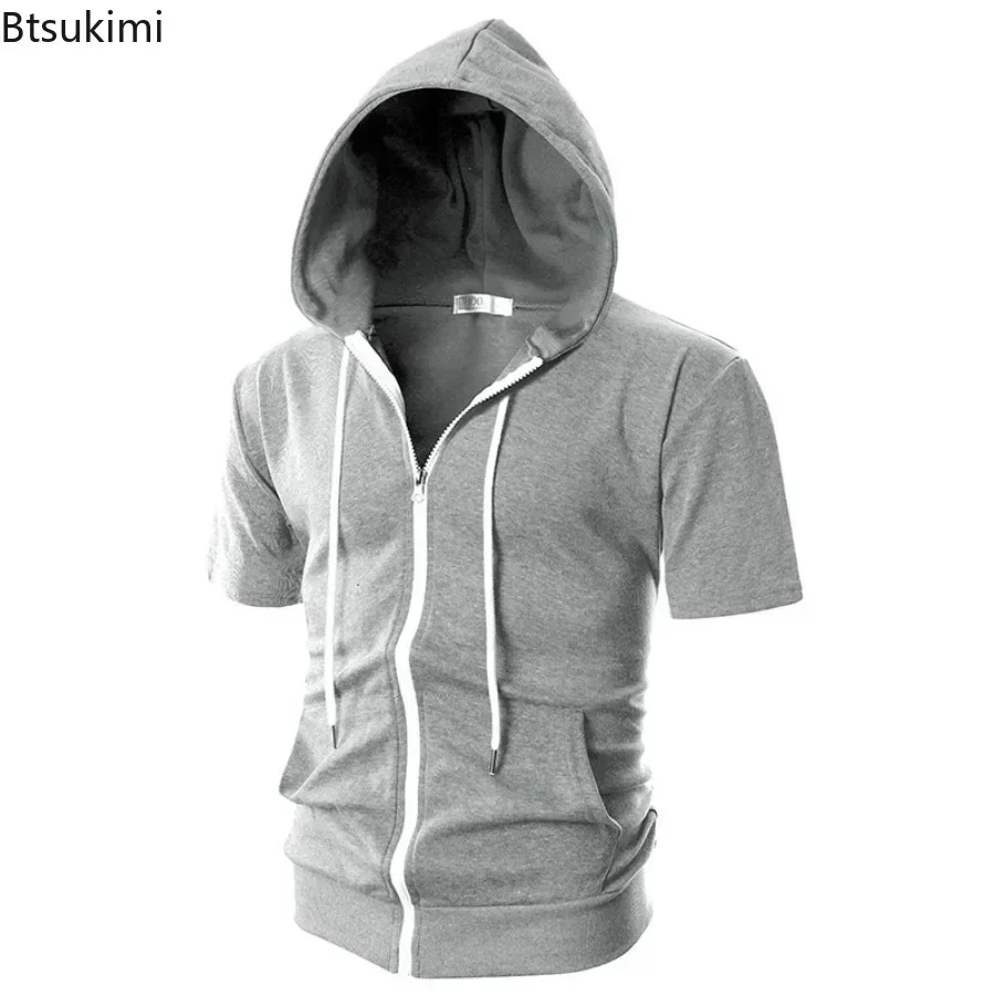 New2024 Men\'s Casual Sweatshirts Short Sleeve Hoodies Jacket Solid Slim Zip Man Sport Tops Comfotable Outdoor Clothes for Men