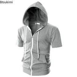 New2024 Men's Casual Sweatshirts Short Sleeve Hoodies Jacket Solid Slim Zip Man Sport Tops Comfotable Outdoor Clothes for Men