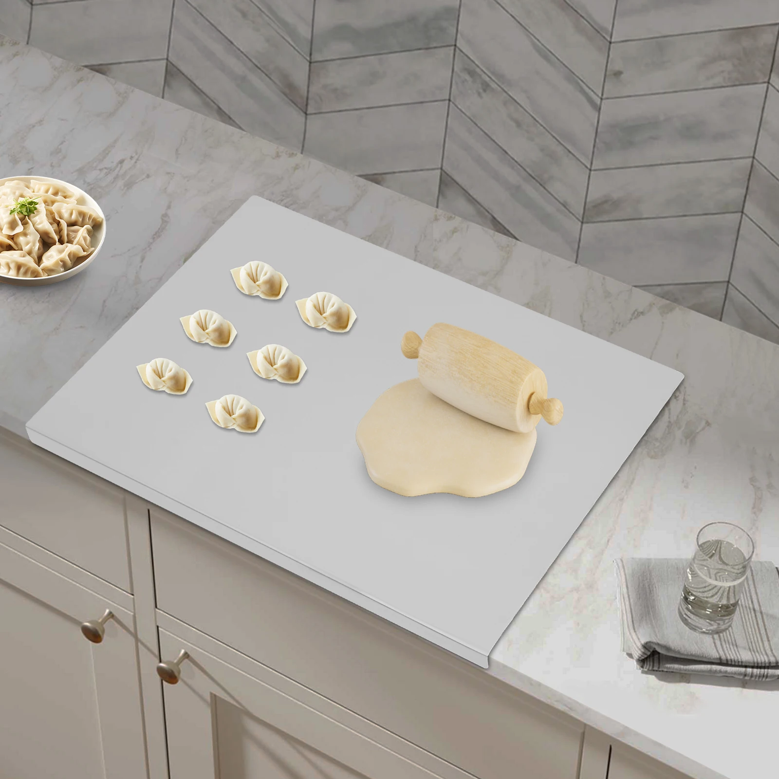 

Stainless Steel Chopping Cutting Board Counter Top Protector with Front Overhang and L-shaped Folded Edge for Cutting Vegetables