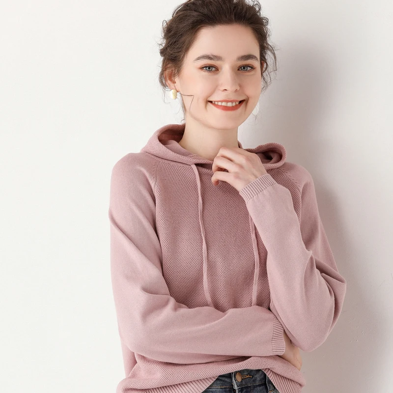 Women‘s Hooded Clothing Spring And Autumn Long Sleeved Fashion Casual Versatile Tops  Knitted Pure Cotton Hooded Collar Pullover