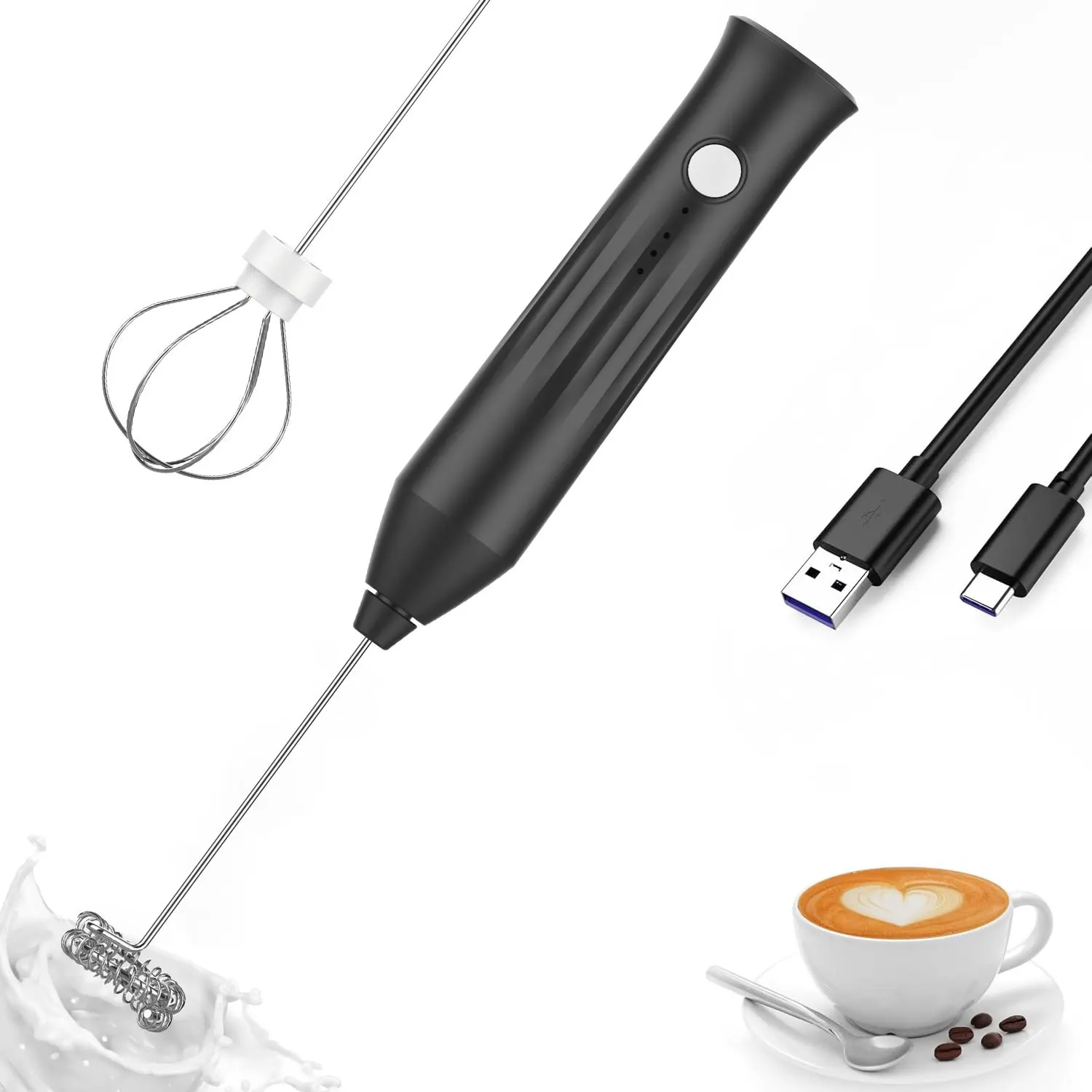 3-Speed Rechargeable Milk Frother Electric Milk Foam Maker,Coffee Whisk With 2 stainless Steel Whisks