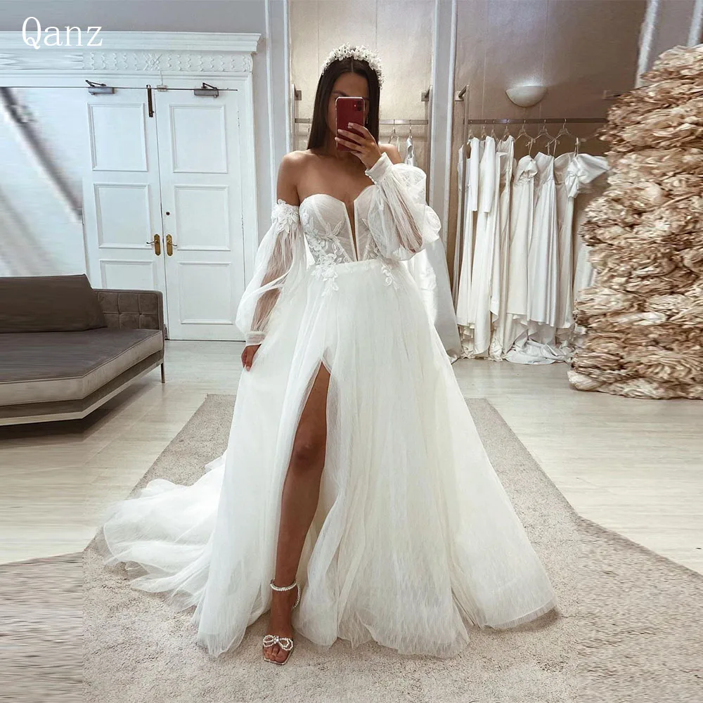 

Qanz Boho Lace Appliques Wedding Dresses Tulle A Line Strapless Vesrido De Noiva Detachable Sleeves High Slit Robe De Mariée