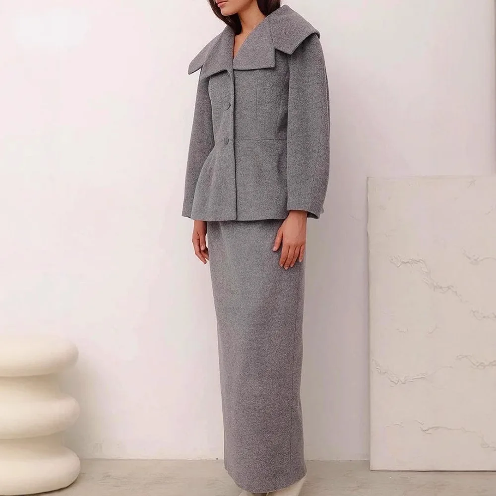 Elegant Grey Laple Wool Blend Top Long Skirt Set Women Fashion Blazers High Waist Slim Skirts Suit Fashion Lady Party Club Suit