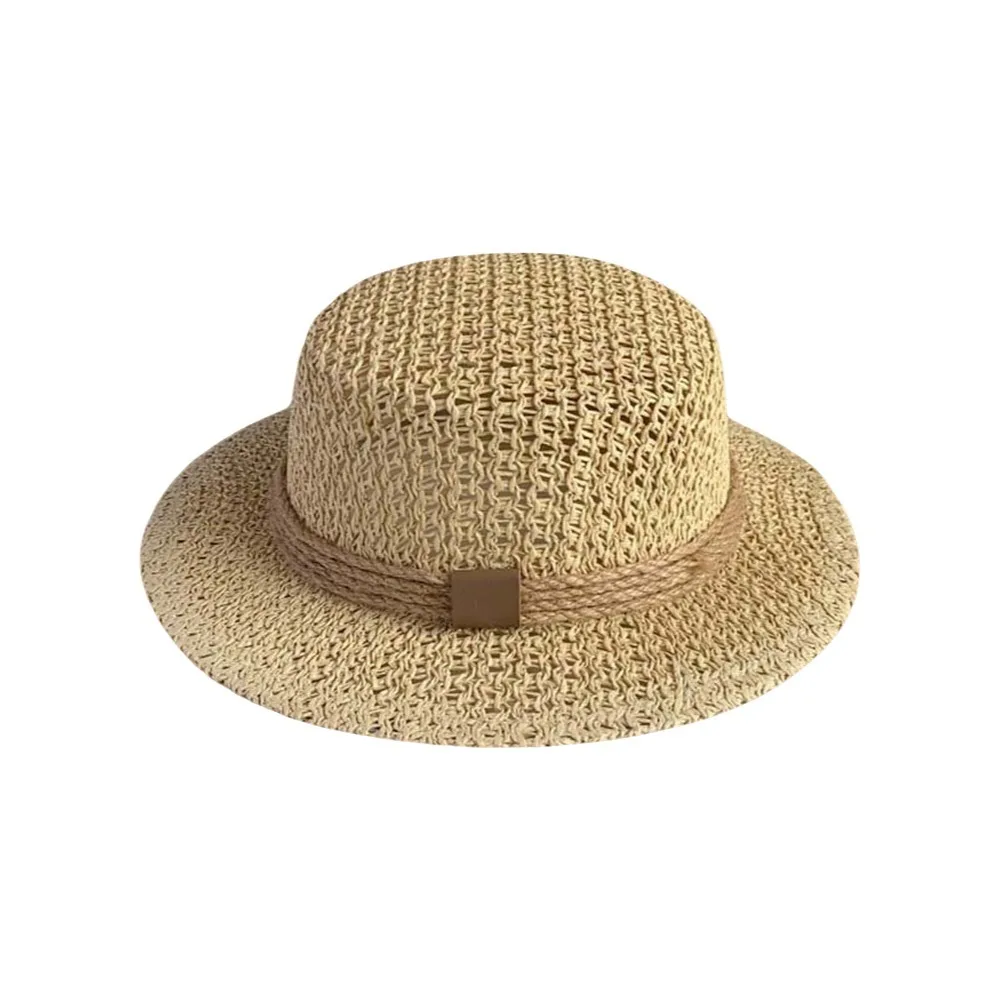 

Sun Protection Straw Boater Hat Breathable Mesh Lightweight Handwoven Sun Cap Wide Brimmed Adjustable Flat Top Beach Hat