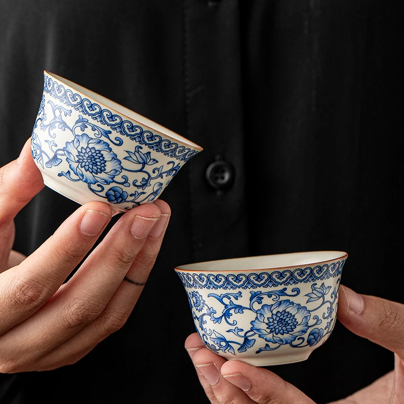 Taza de Cerámica de Lujo para Chai, Cerámica Yu, Diseño de Loto Azul y Blanco, Taza para Beber Té en la Oficina, Juego de Té ...