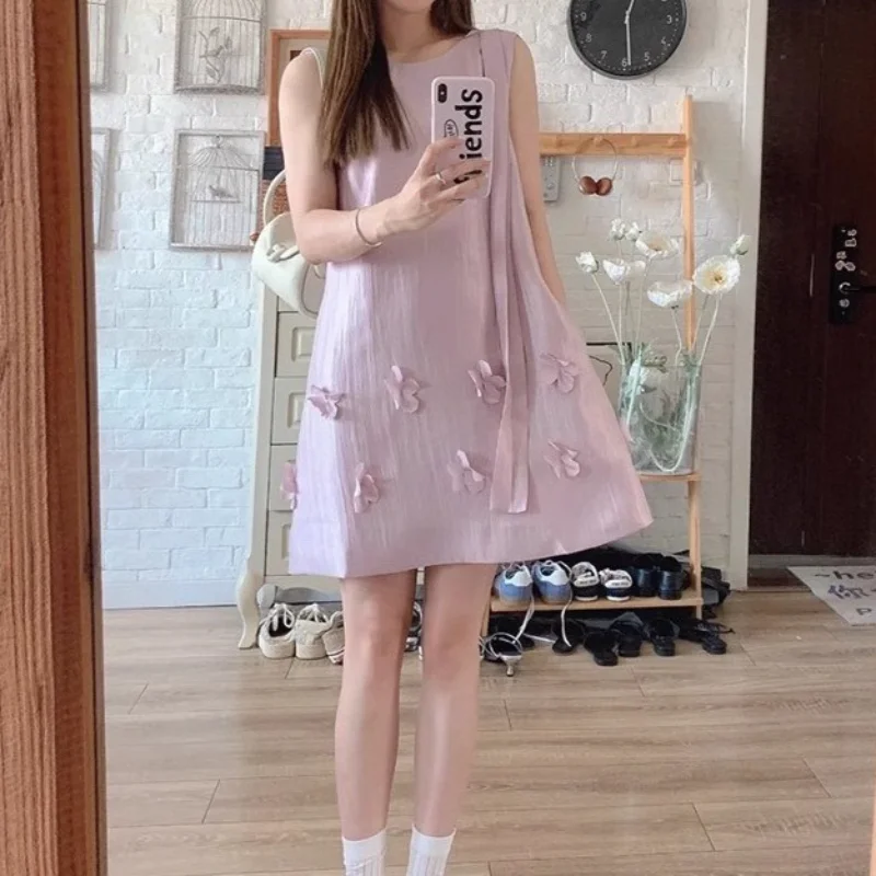

New Summer Round Neck Streamer Petal Bow Sweet Sleeveless Short Dress Women Loose Simple Versatile French Wedding Vest Dress