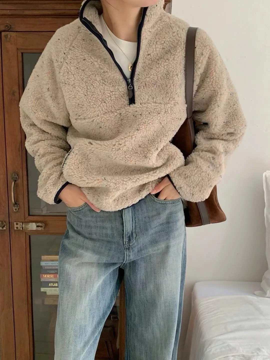 

Ladies Thiened Lamb Fur Sweatirt Jaet f Zipper Loose Winter Warm Casual Sle Faion Outerwear Stand Collar Coat