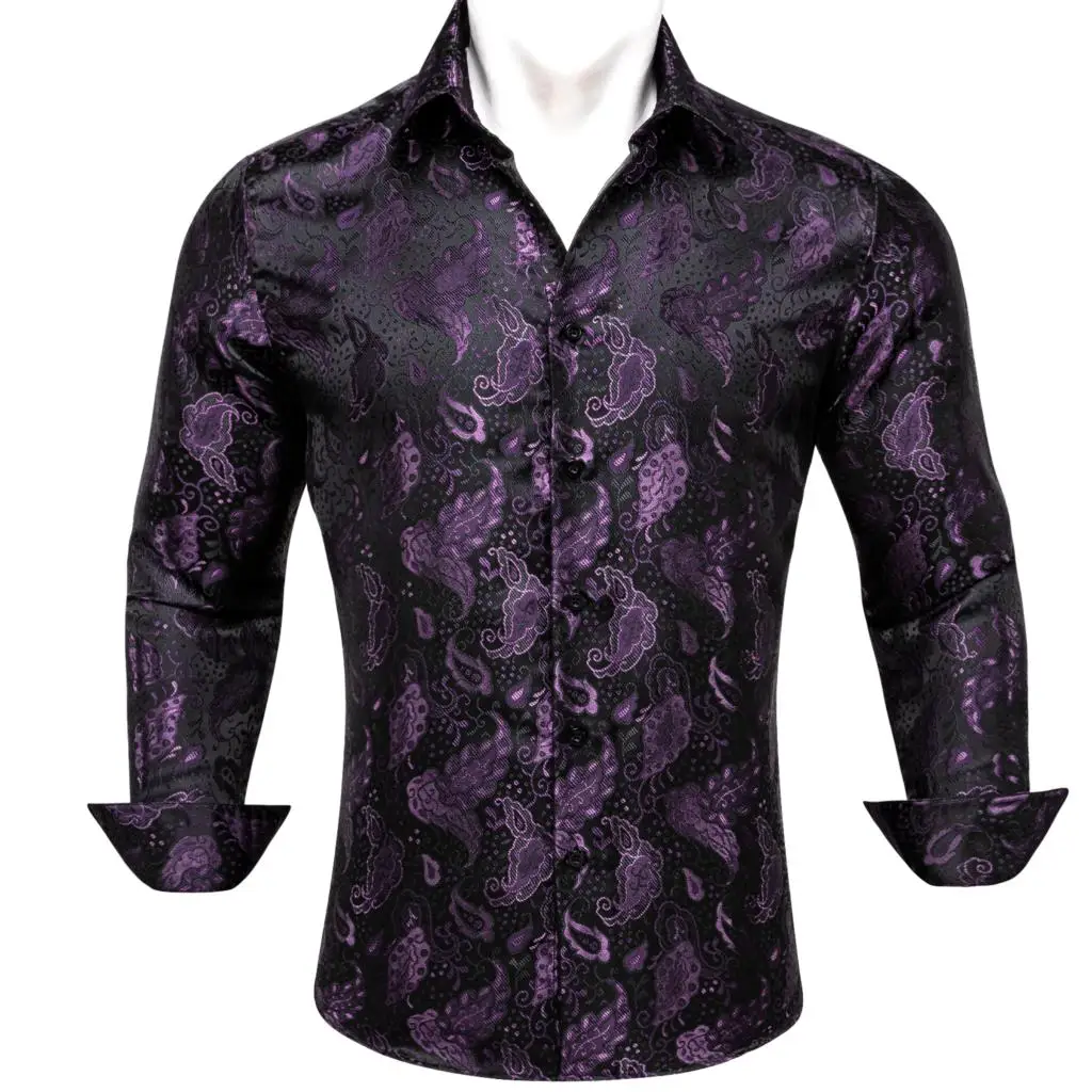 

Designer Shirts for Men Silk Long Sleeve Purple Black Flower Embroidered Slim Fit Male Blouses Casual Breathable Tops Barry Wang