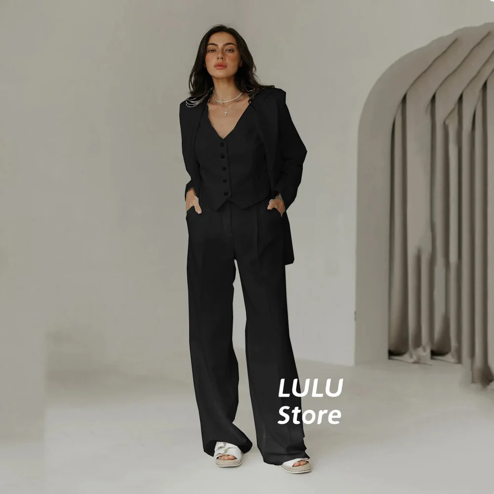 Suit For women 3 Pieces Fashion Notched Lapel Long Sleeves Blazer +Top Vest + Wide Leg Pants Elegant Office Lady Matching Sets