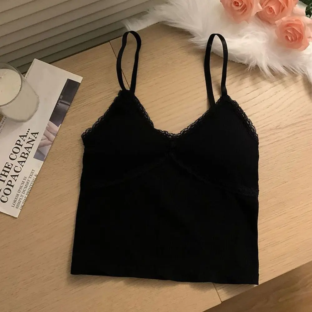 New Cotton Lace Camisole Breathable Solid Color Push Up Bra Lace Trim Underwear with Chest Pad