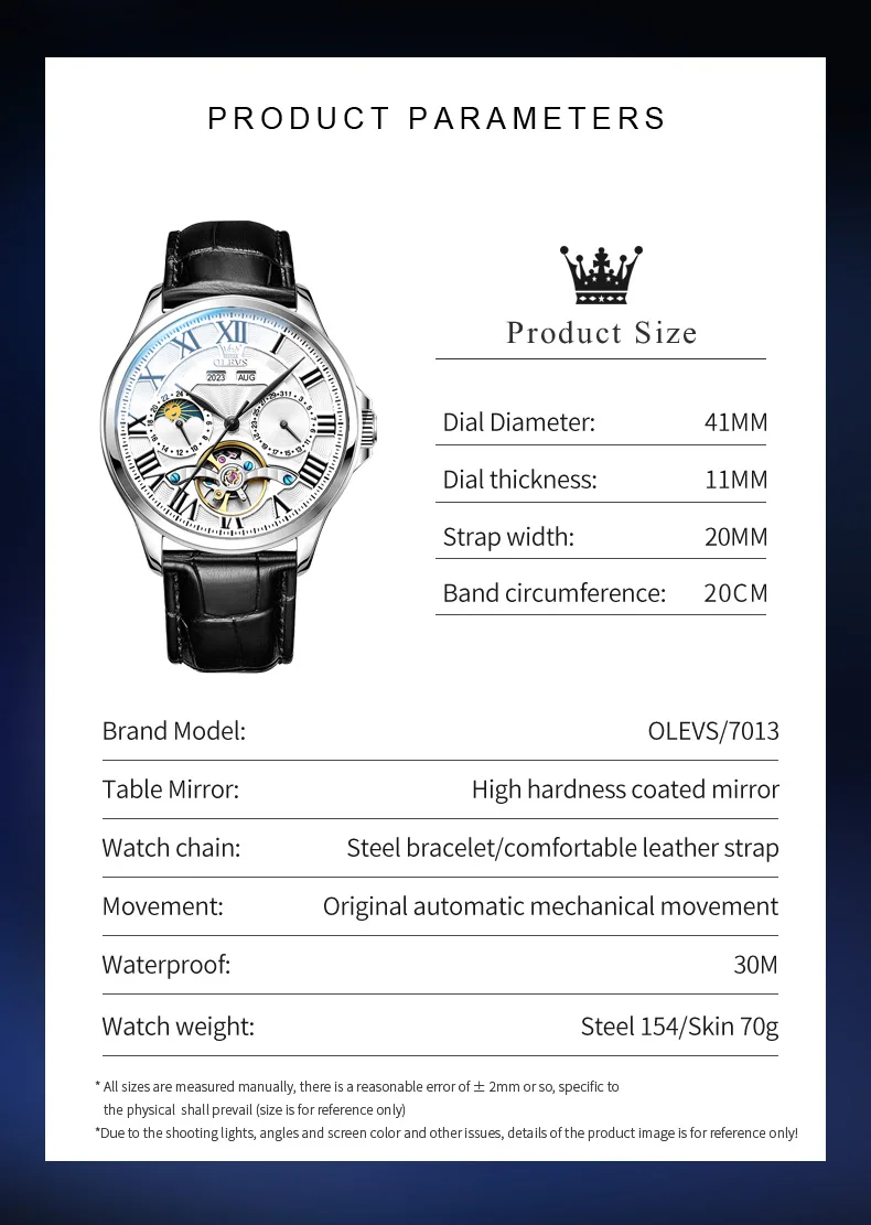 OLEVS-reloj mecánico de negocios a escala romana para hombre, pulsera automática de fase lunar, resistente al agua, esqueleto hueco, 7013