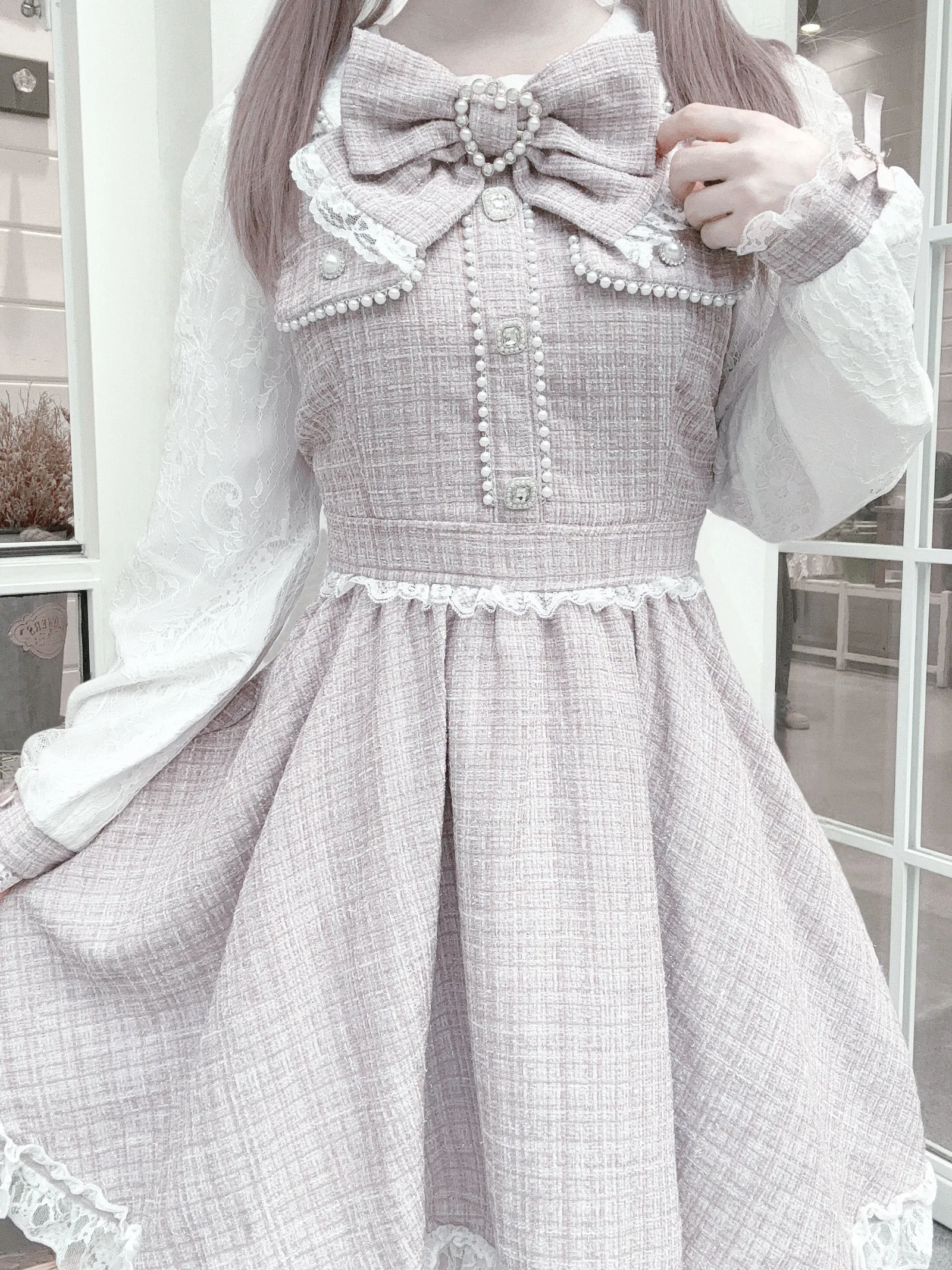 Japan Sweet Elegant Small Fragrance Preppy Style Dress Bow Tweed Slim Waist Lace Robe Patchwork Luxury Hip Hop Lovely Vestidos