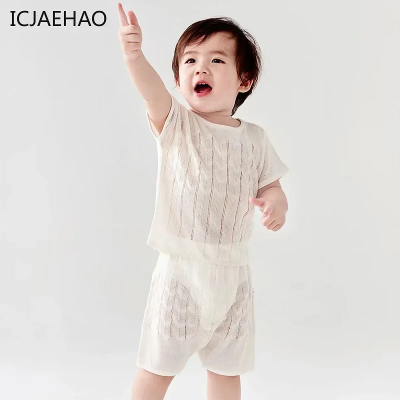 

ICJAEHAO 2024 Children Light Mulberry Silk Cotton T-Shirt Short-sleeved Knitwear Summer Matching Baby Harlan Shorts Vest Suit