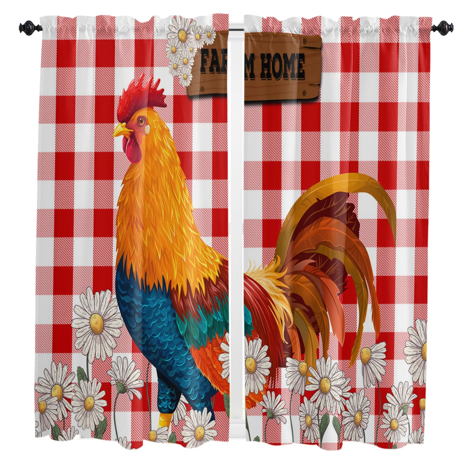 Red Plaid Daisy Rooster Farm Curtains Home Decor Living Room Kitchen Balcony Room Window Curtain Bedroom Patio Decoration