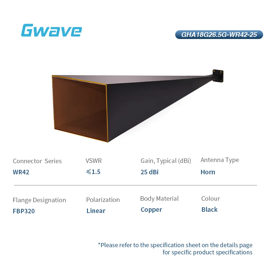 Gwave WR-42 K Band 18-26.5GHz 50 Ohm RoHS Compliant 25dBi Gain Broadband Rectangular Horn Antenna