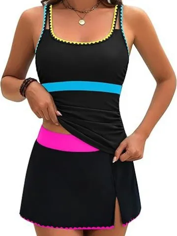 2026 Color Block Scallop Edge Skirt Two Piece Bikini Set Women Push Up Tummy Control Sexy Swimwear Beach Vacation Summer Outfits