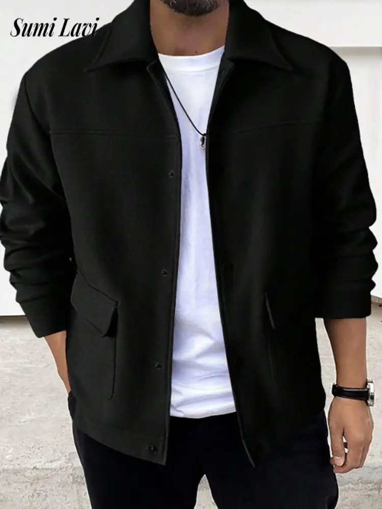 

2026 весенние модные мужские куртки, шерстяные однотонные повседневные верхние одежды на пуговицах с длинными рукавами, мужской повседневный кардиган с длинными рукавами