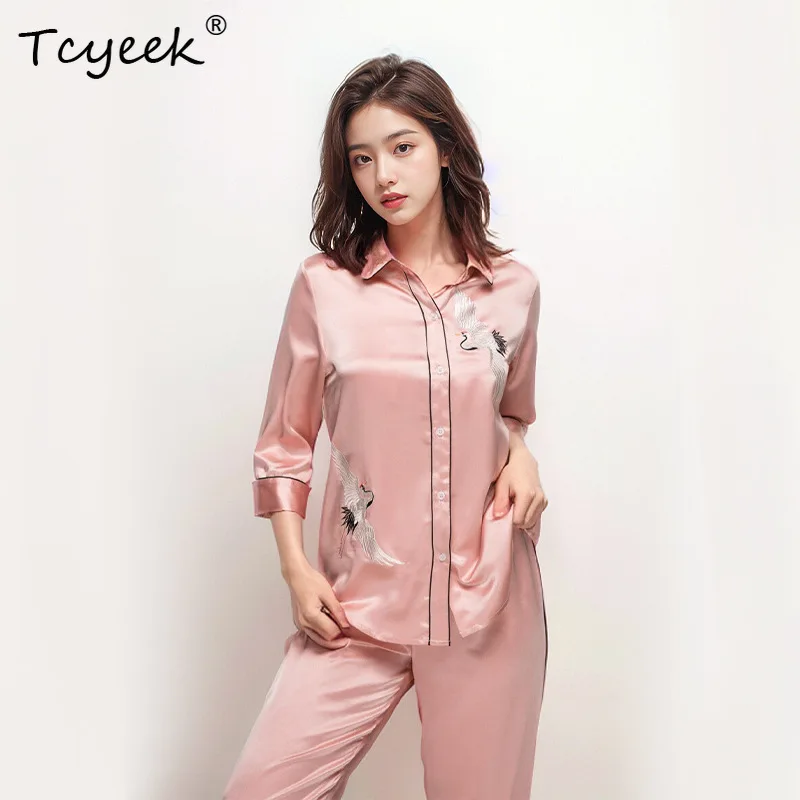 

Tcyeek, 16MM 100%Real Silk Pajama Set, Women Half Sleeve Pants, Embroidery Elegant Causal Homewear, 2024 Summer Fall S550155QM