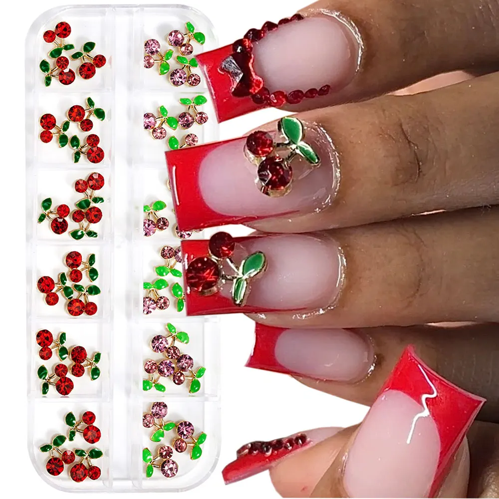 12 شبكات ثلاثية الأبعاد الكرز مسمار السحر الكرز مسمار الراين 36 قطعة لامعة لطيف الفاكهة مسمار الماس الفاخرة الكرز كريستال مجوهرات Y2K