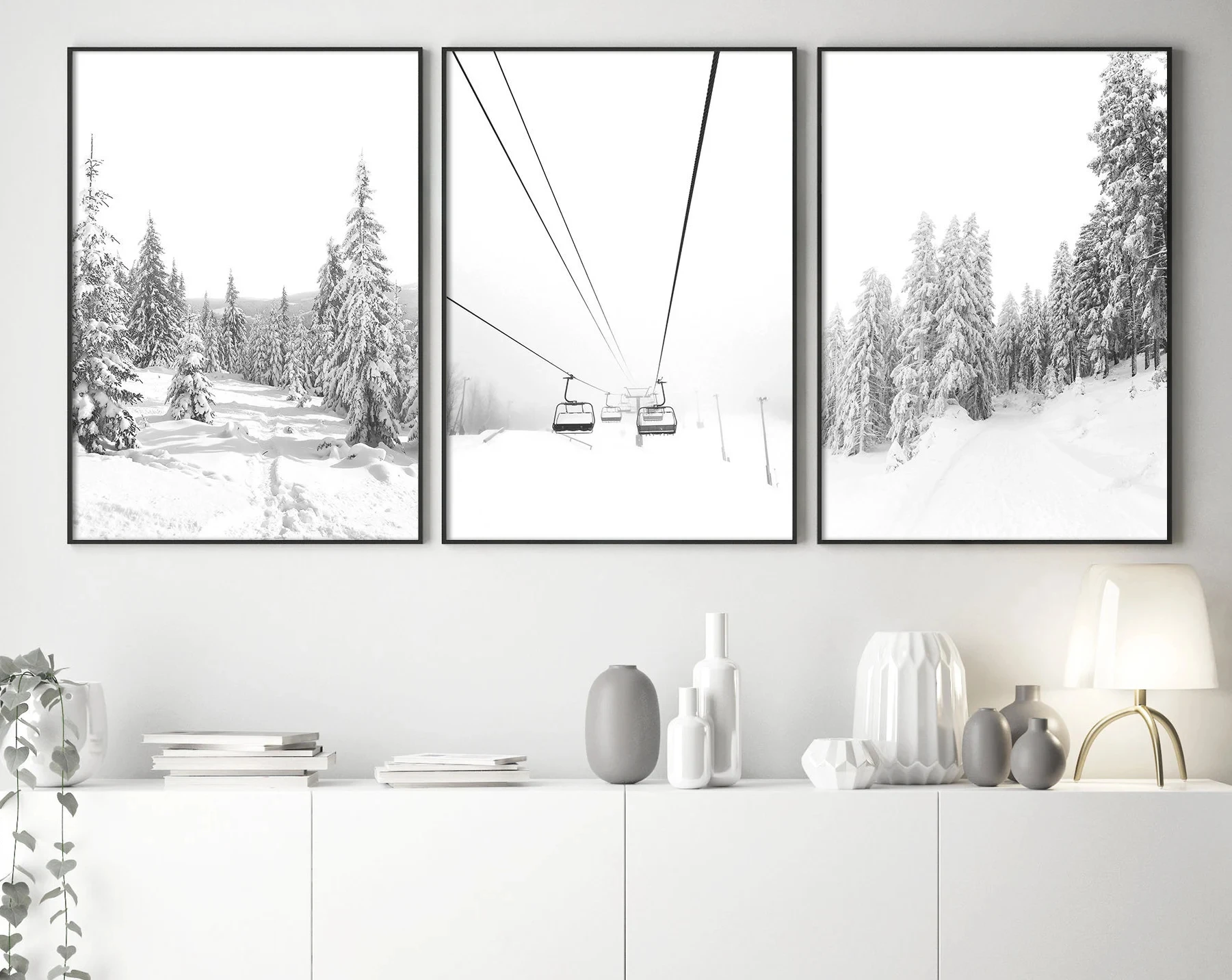 Winter Prints Black and White Print Set of 3 Wall Art Decor Nordic Poster Snow Forest Print Ski Lift Art Chalet Decor Ski Print