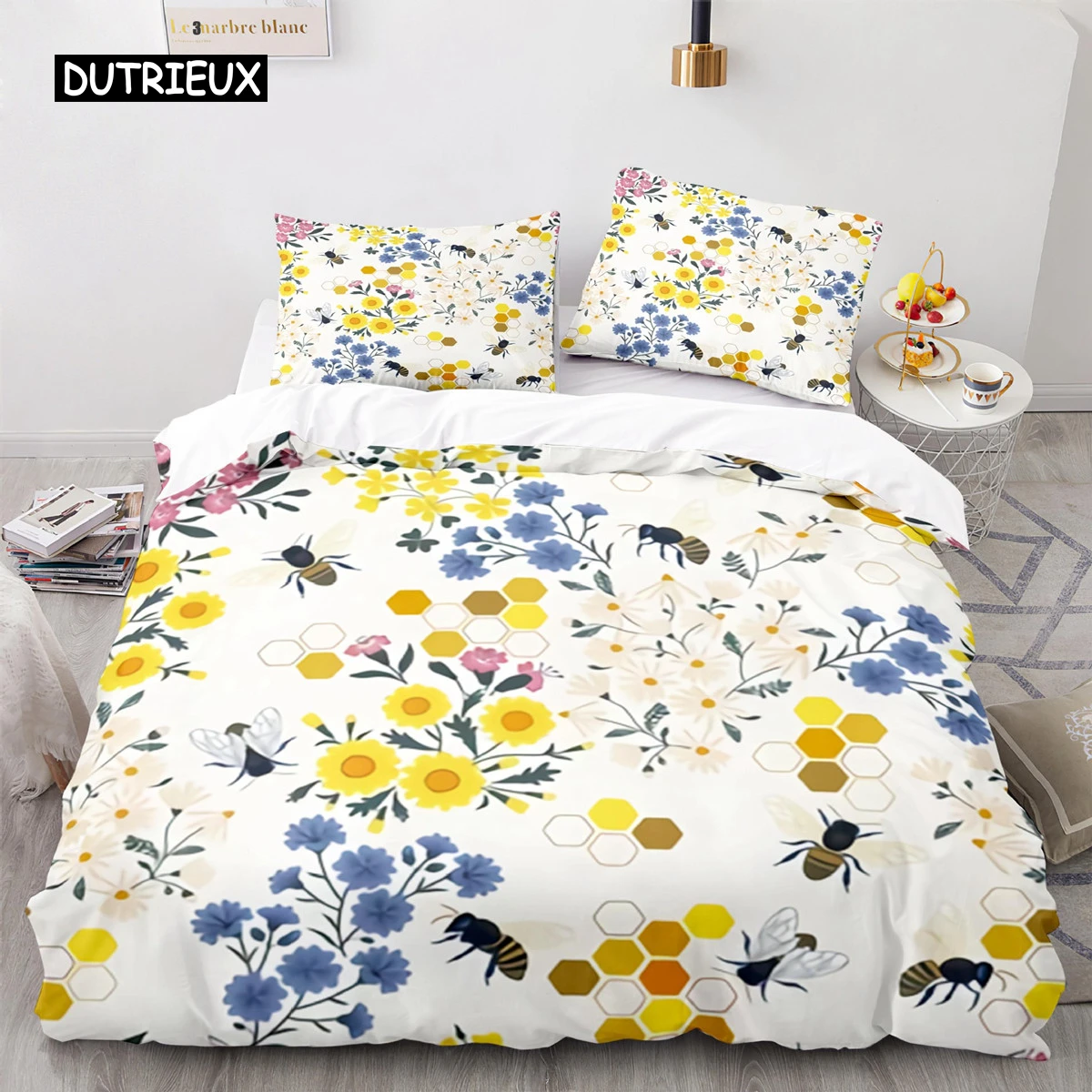 

Bee Duvet Cover Set Queen Microfiber Floral Bedding Set for Teens Girl Spring Fresh and Natural Theme 2/3 Pieces Comforter Cover