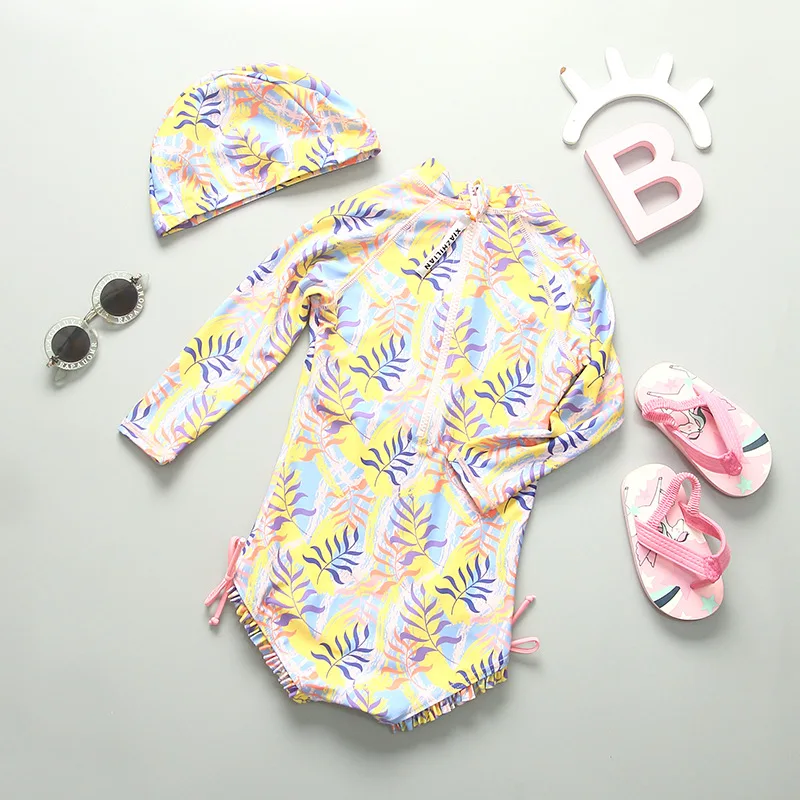 Toddler Girls Swimsuits Summer Sunscreen Children Swimming Suit Cute Kids Swimwear Long Sleeve Surfing Bathing Suits Beachwear