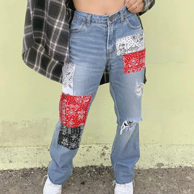 2023 New Fashion Streetwear Bandana Patchwork Denim Pants Hole Ripped Jeans Women Fashion High Waist Jeans Straight Trousers