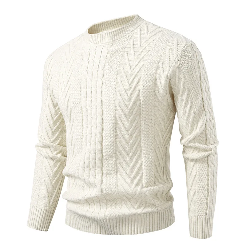 New Autumn Winter Cable Knit Crew Neck Sweater Men's Solid Casual Warm Pullover Thermal Top