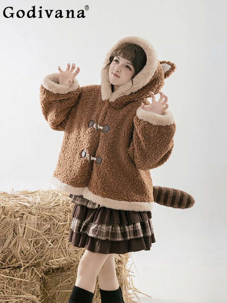 

Original Design College Style Kawaii Warm Thickened Plush Coat Girl Sweet Cute Loose Horn Buckle Hooded Winter Faux Fur Jackets