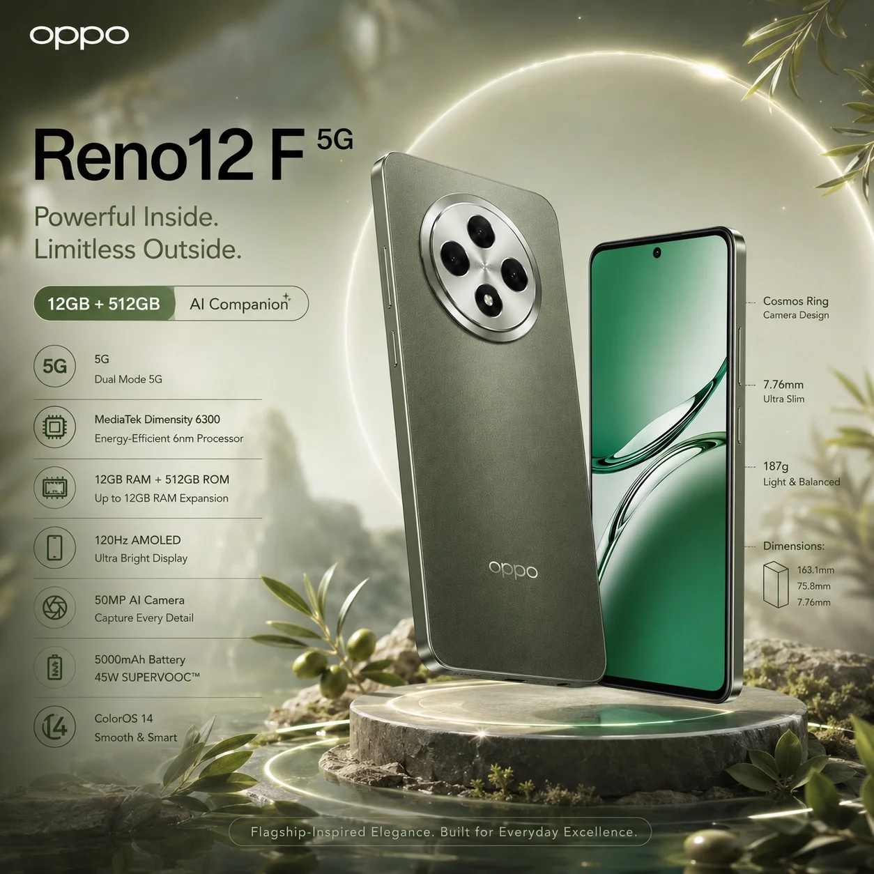 OPPO Reno12 F 5G 12GB RAM 512GB ROM, 6.67'' 120Hz OLED, Dimensity 6300, 50MP Camera, 5000mAh Battery, 45W SUPERVOOC, NFC