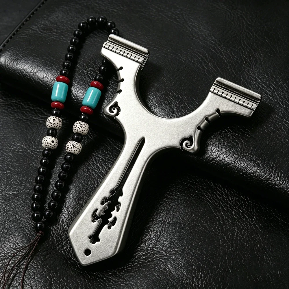 Stainless Steel Dragon Tooth Slingshot Hollow Pattern Silver Metal Slingshot Outdoor Hunting Shooting With Bracelet