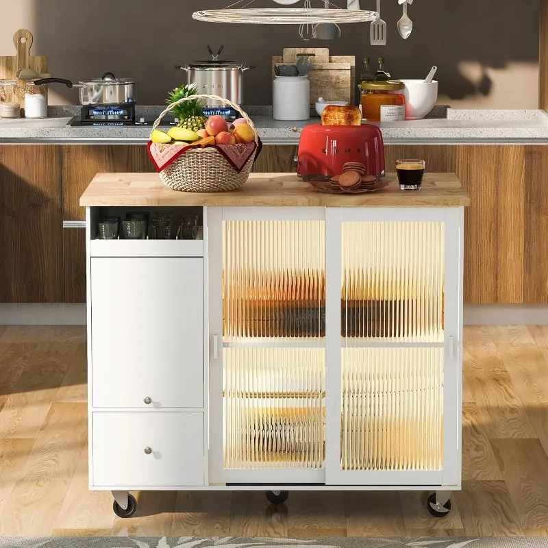 Kitchen Island with Drop Leaf, Kitchen Cart on Wheels with 2 Fluted Glass Doors