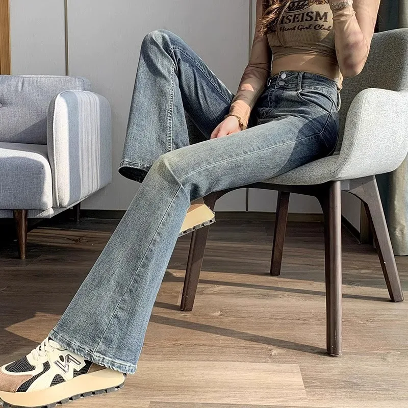 High Waist Bell Bottom Denim Jeans Women's Double Buckle Slimming Lengthening Cotton Stretch Blue Jeans Fall Fashion