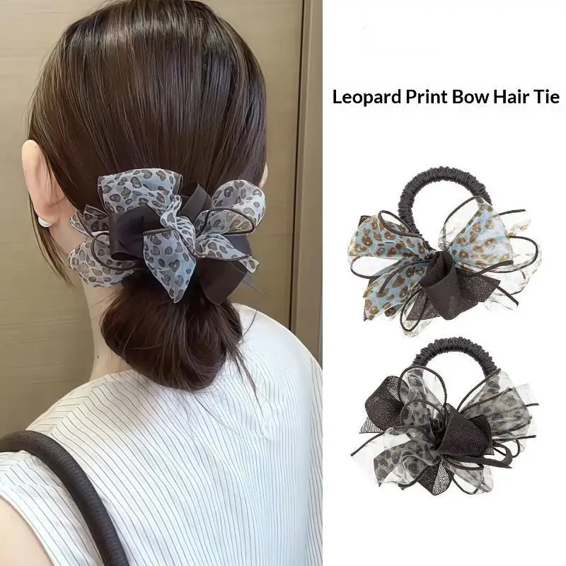 Bow Hair Scrunchies Cute Chiffon Leopard Plaid Pattern Elastic Hair Bands Perfect Birthday Gift for Girls Daily
