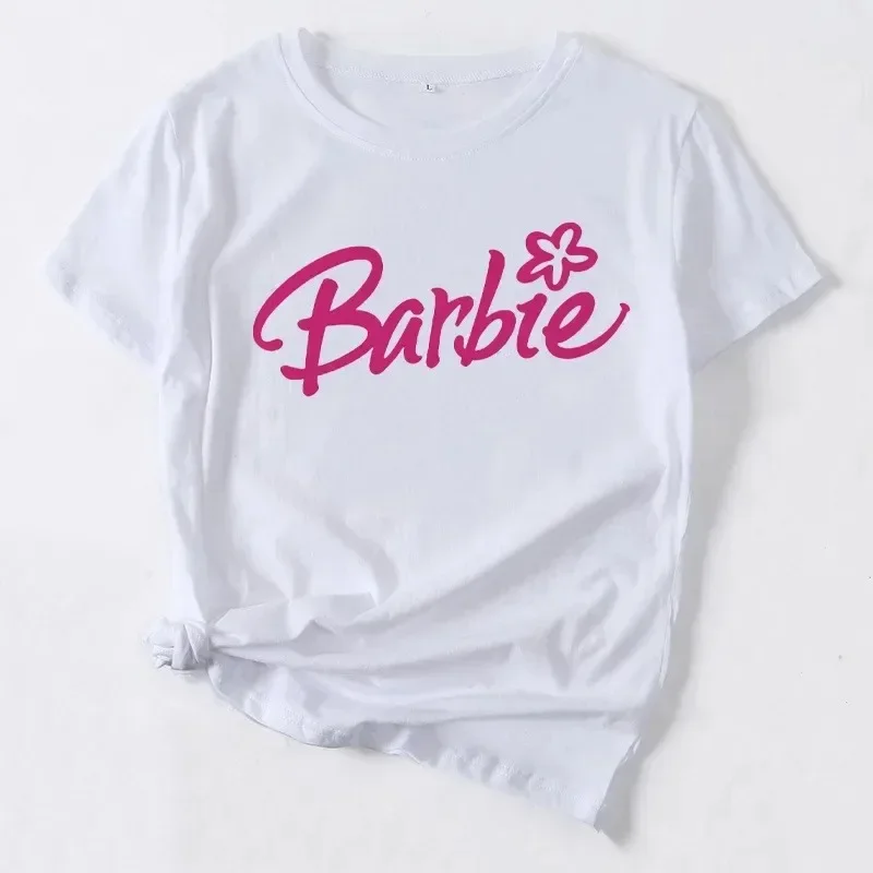 Barbie Cartoon T-Shirt Women Letter Top Crew Neck Print Summer Short Sleeve Clothes Anime Kawaii Oversize Girls Tshirts