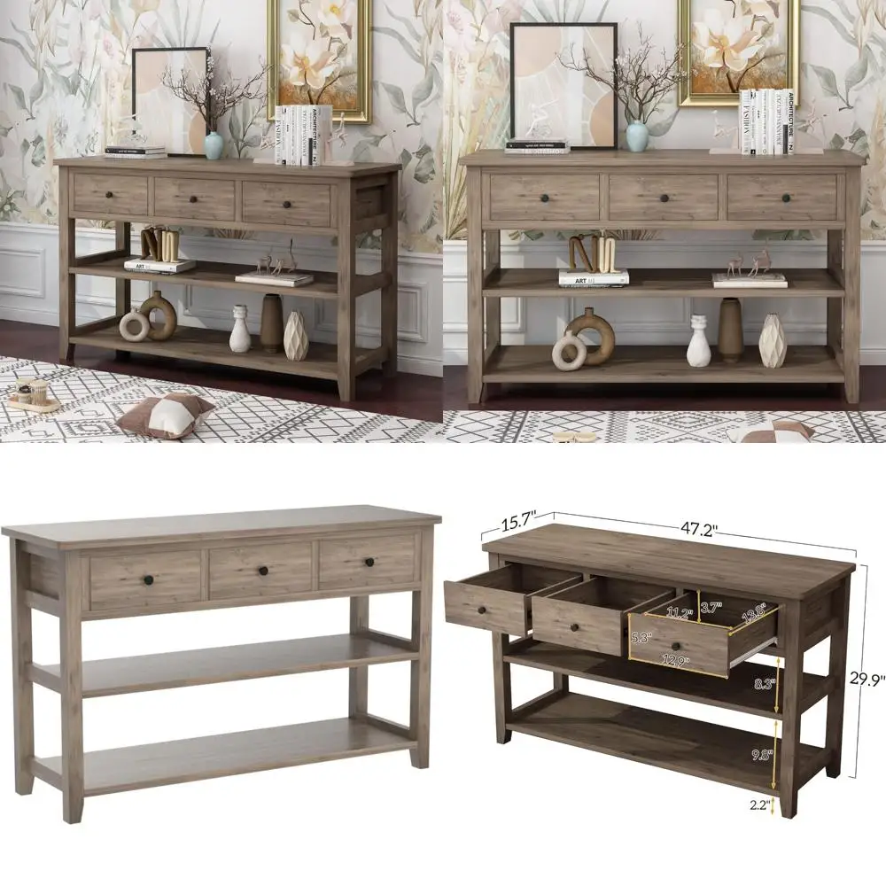 Table console d'entrée vintage à 3 tiroirs avec étagères de rangement, bureau latéral de canapé pour couloir et salon