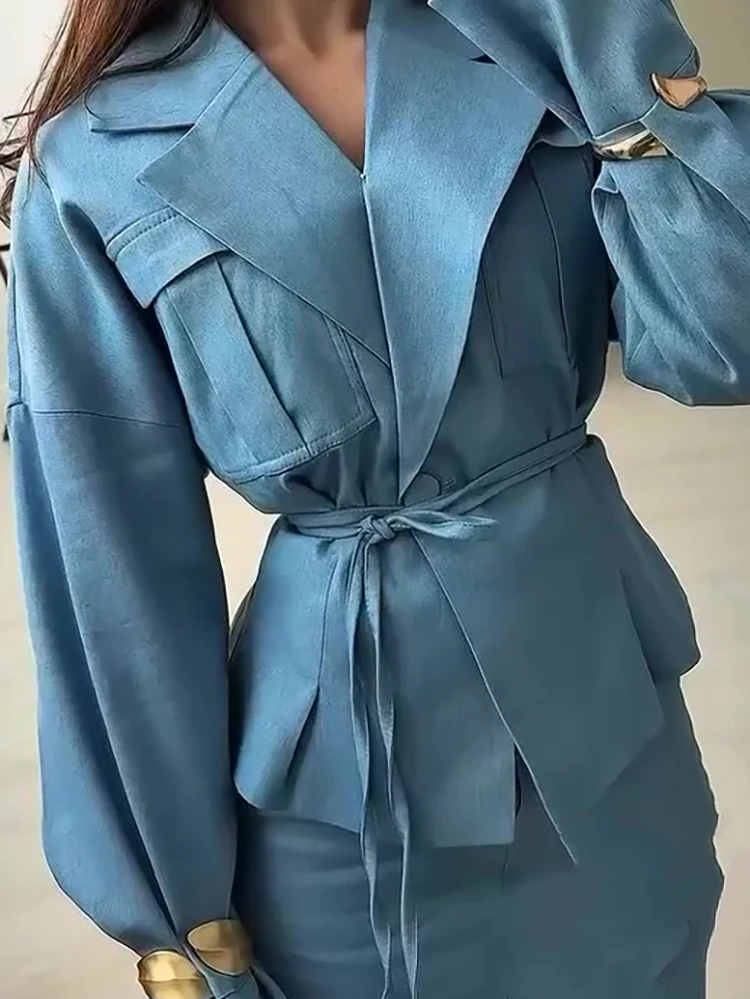 

Women Lapel Collar Long Sleeved Jacket and Skirt Two Piece Set Autumn Winter Lace Up Solid Office SuitSimple Casual Party Outfit