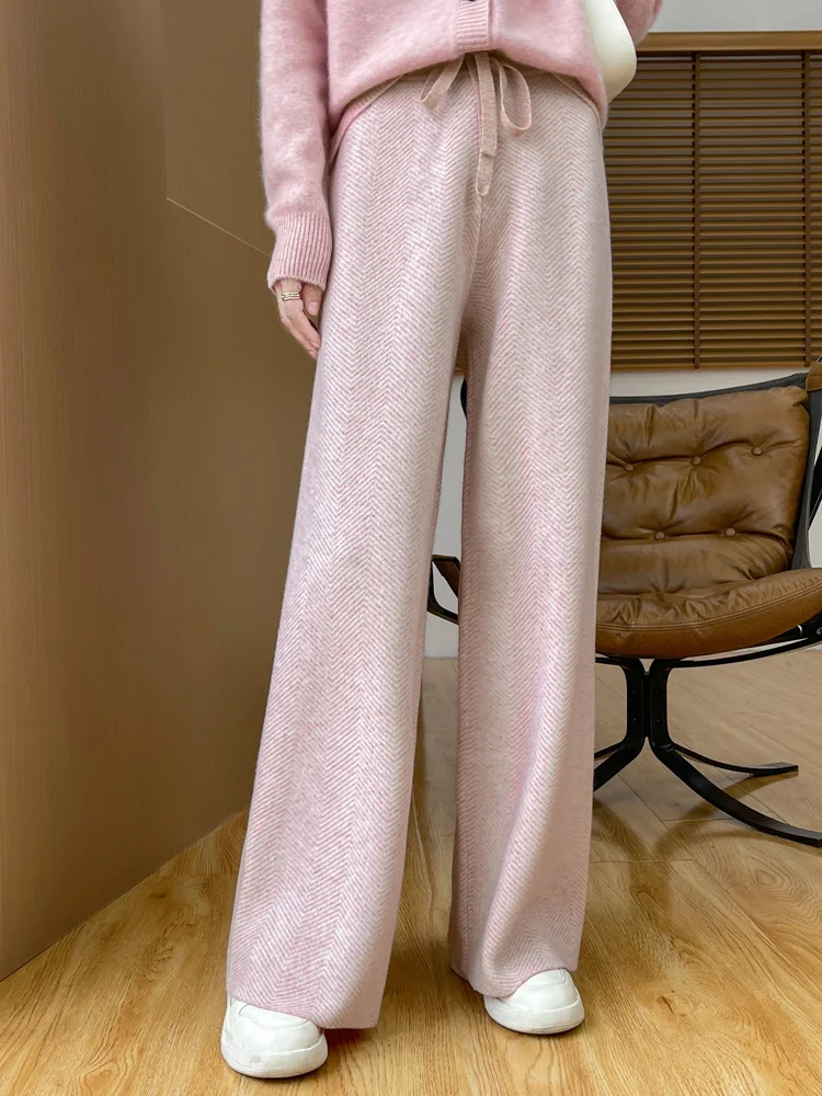 100% メリノウール レディース ワイドレッグ ルーズ 秋冬 厚手 カジュアル ファッション ニット カシミヤパンツ