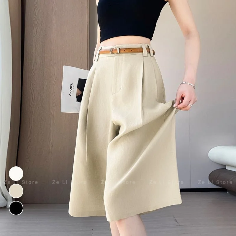 Women's Summer New High Waist Thin Lyocell Linen A-Line Shorts Wide Leg Pants Ice Silk Pants Five-Point Pants Casual Style