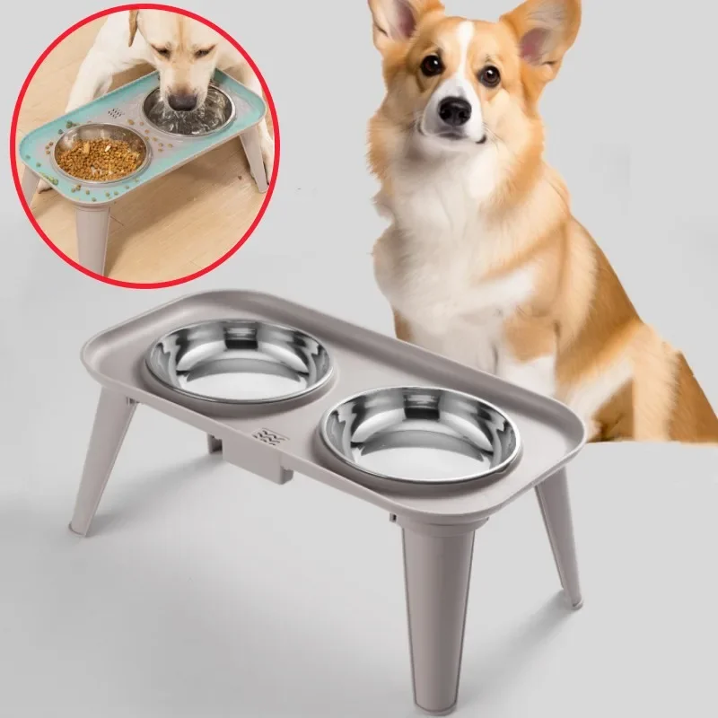 

Dog Food Bowl Double Bowls for Pet Feeding Removable Cat Food Bowl Stainless Steel Dog Food Container Neck Protector Pet Feeder