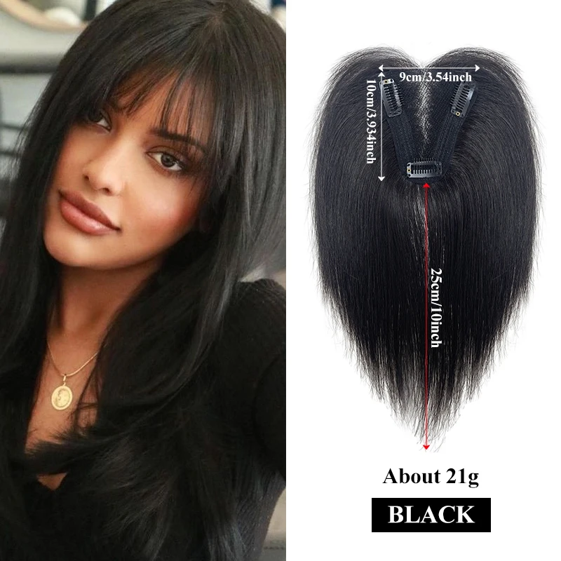 10 Inch Human Hair Clip in Hair Topper Extension with Bangs 3.54*4 Inch Hairnet Black Dark Brown Top Wig Piece