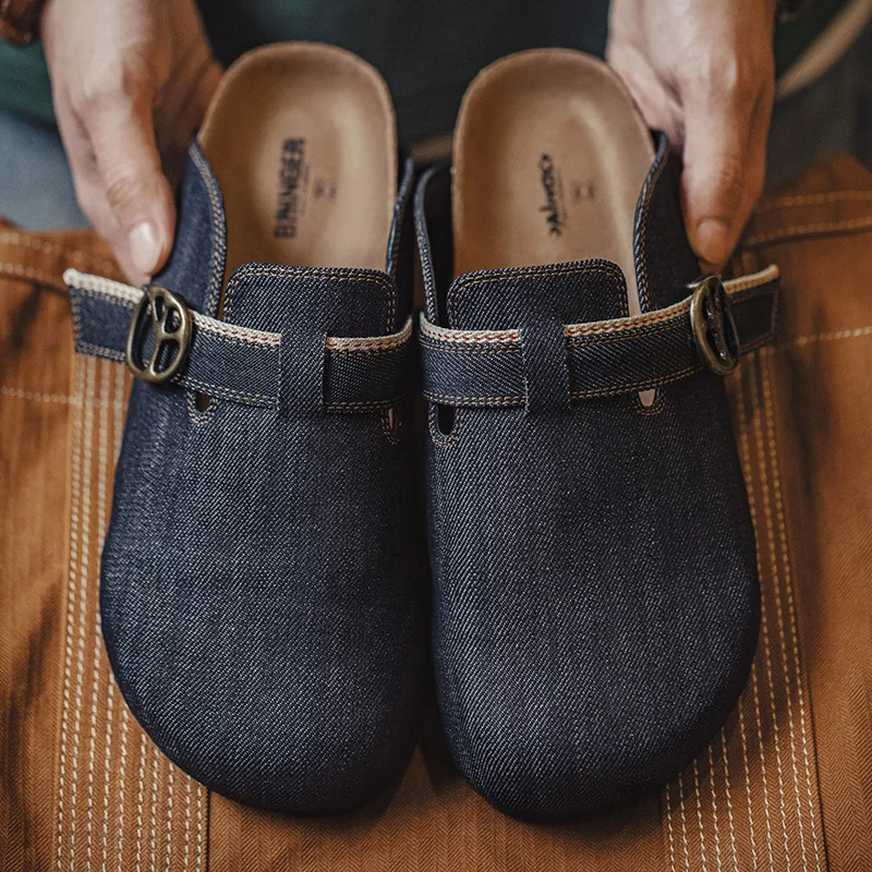 Maden Vintage Men's Summer Breathable Denim Mules Cork Slip-On Shoes Casual Adjustable Sandals for Outdoor and Home Blue Shoes