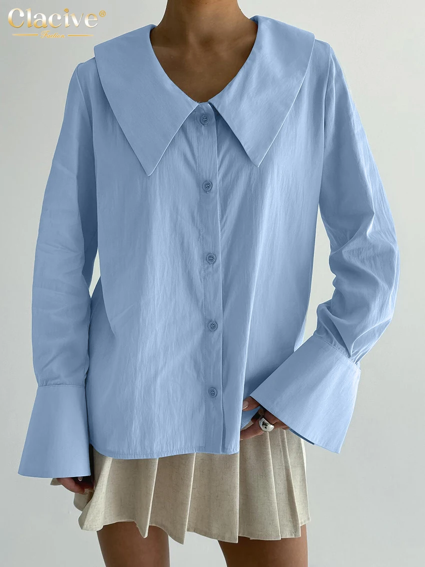 

Clacive Fashion Loose Blue Cotton Women's Shirt 2025 Casual Lapel Long Sleeve Blouse Elegant Classic Solid Tops Female Clothing
