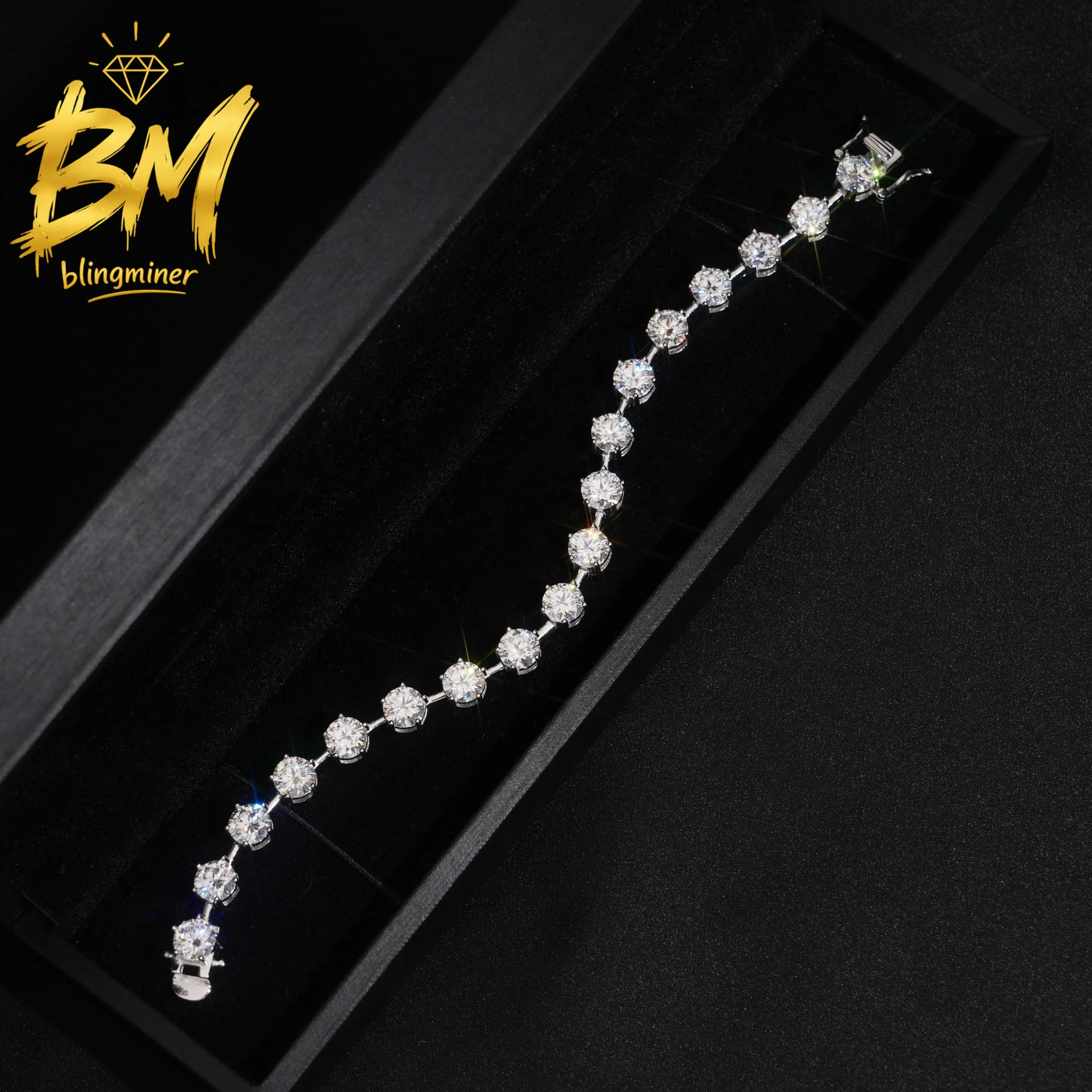 Blingminer 7mm Round VVS Moissanite Tennis Chain Bracelet For Men Women S925 Silver Jewelry Pass Diamonds Tester Free Shipping