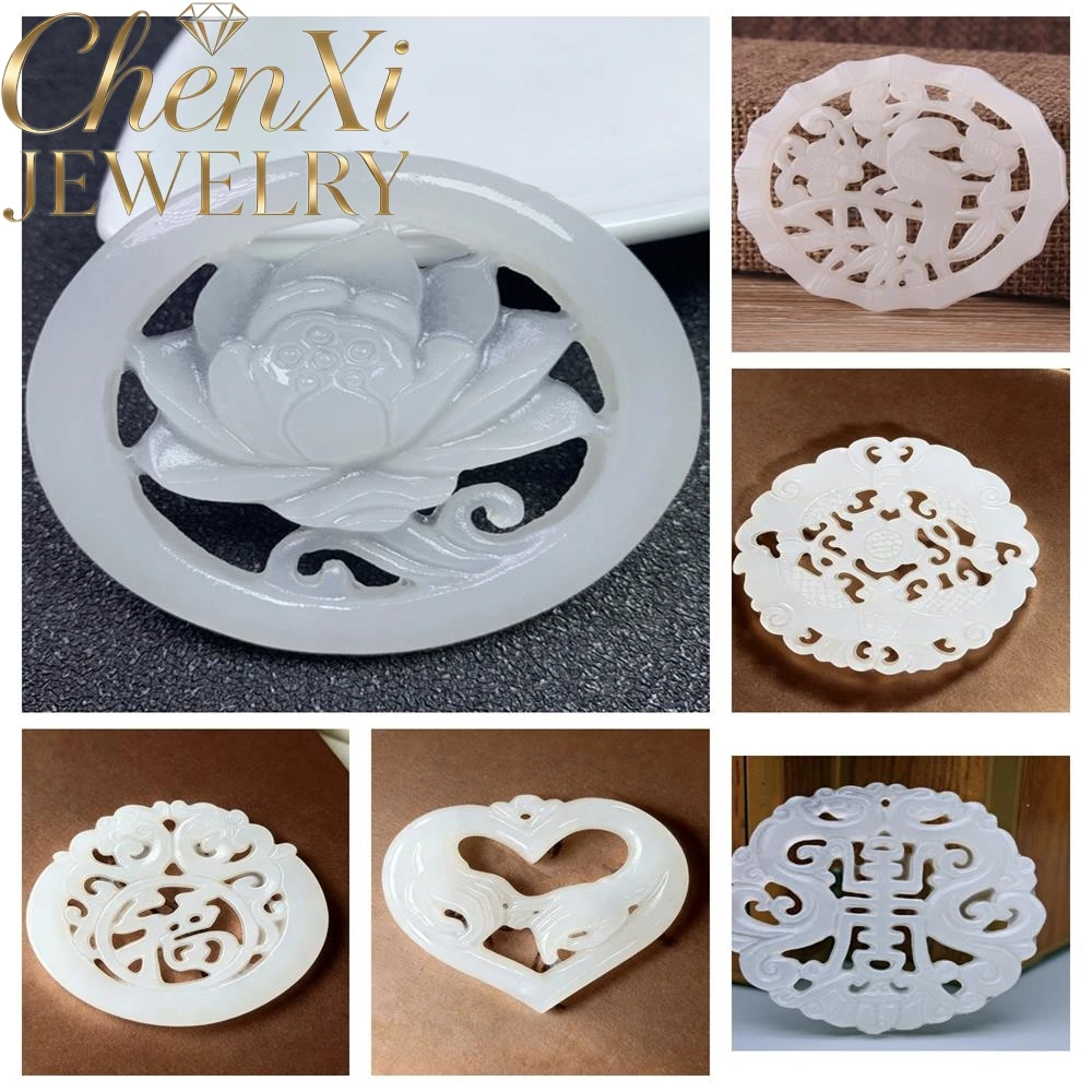 Natural Afghan White Jade Openwork Hollow‑out Pendant Hand‑Carved Retro Chinese Style Jade Unisex Fashion Jewelry Accessory Gift