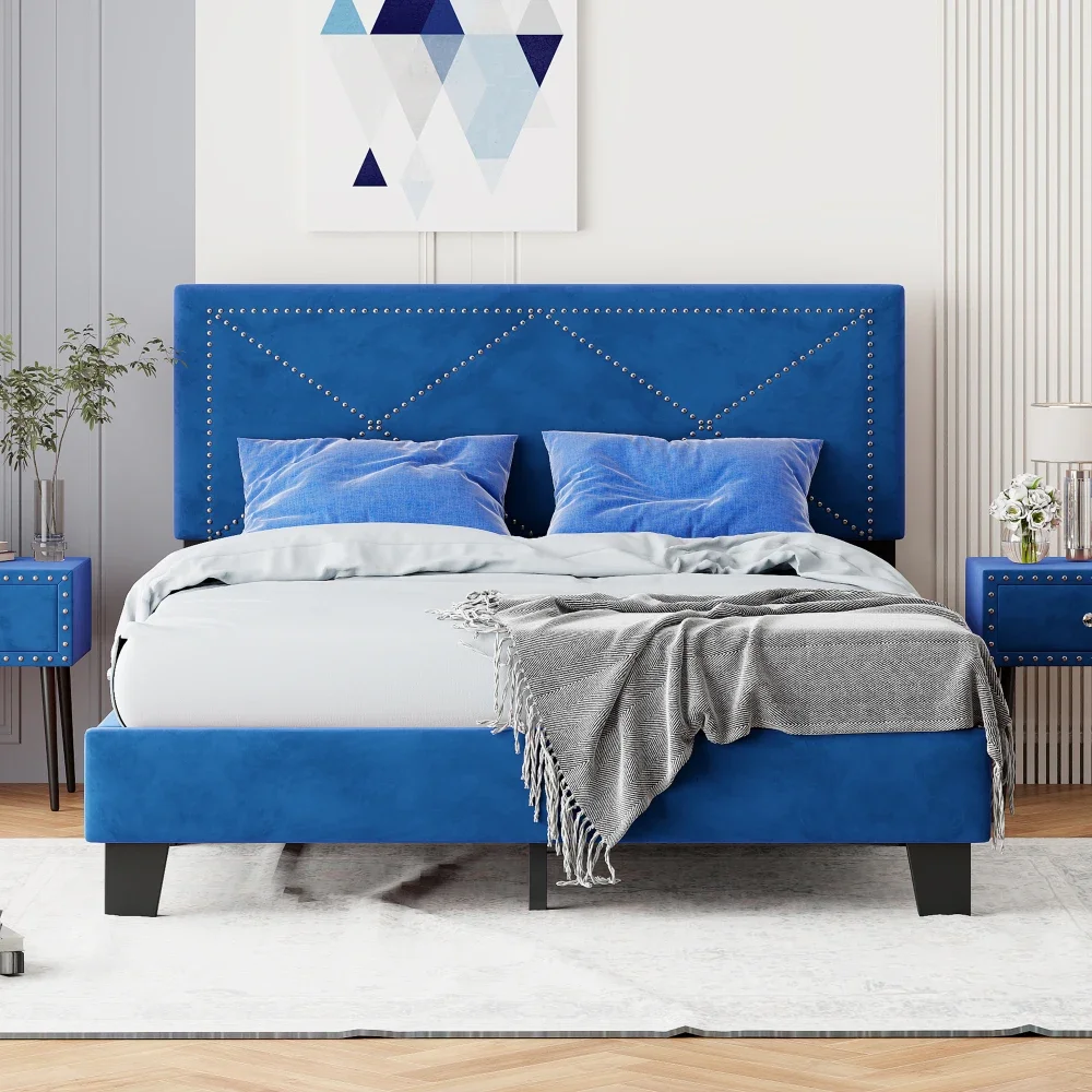 Simple Large Cushioned Bed Frame, Rivet Design, Modern Velvet, with Headboard Sturdy and Durable No Box Spring Required