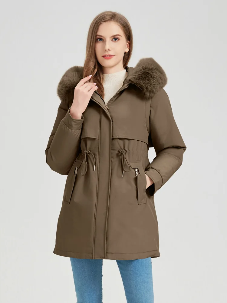 Women's Thickened Fleece Lined Parka Coat Korean Style Slim Fit Winter Cotton Jacket Trendy Mid-Length Zipper Closure Long Sl...