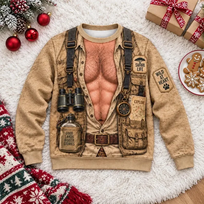 Men's Funny 3D Print Sweatshirt Explorer Fake Muscle Chest Pullover sweater Vintage Adventure Costume Holiday Outfit for Men