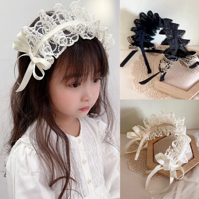 Retro Lace Hairbands for Toddler Girl Sweet Princess Bow Hair Hoop for Little Girl Black Beige Kids Headwear Hair Accessories